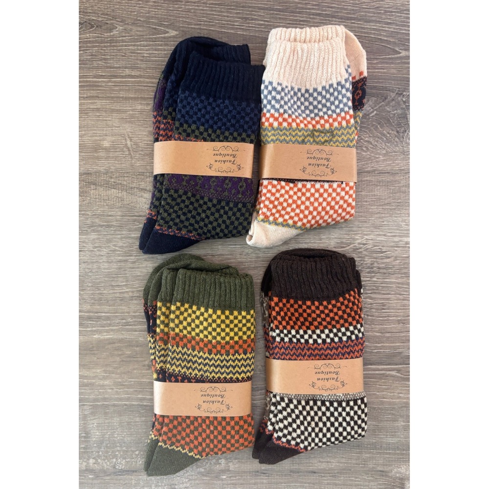 Fashion Boutique 4 Pair Wool Blend Crew Socks Multi Color Fair Isle Pattern NWT